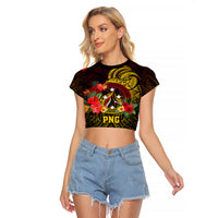 Personalized Papua New Guinea Raglan Cropped T Shirt Coat Of Arms Tropical Flowers Polynesian Pattern LT05 Female Yellow - Polynesian Pride