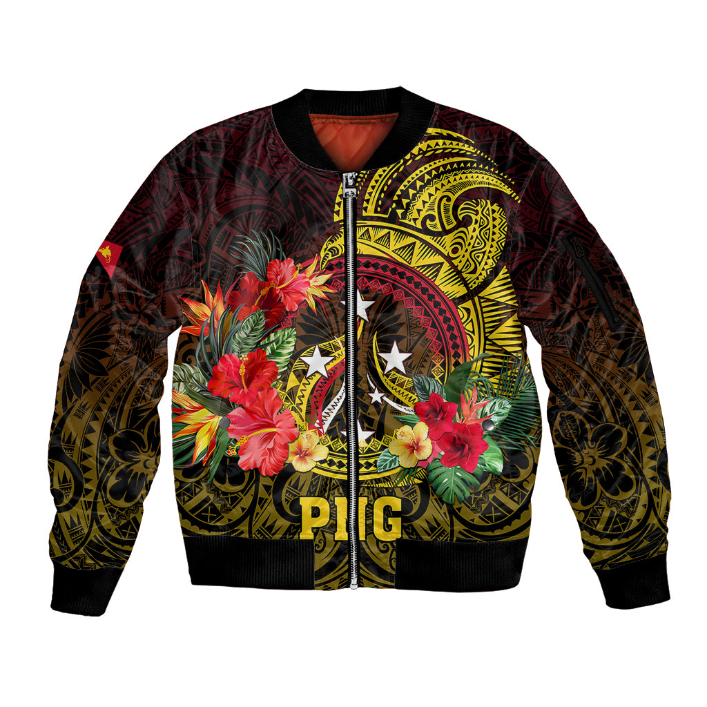 Personalized Papua New Guinea Sleeve Zip Bomber Jacket Coat Of Arms Tropical Flowers Polynesian Pattern LT05 Unisex Yellow - Polynesian Pride