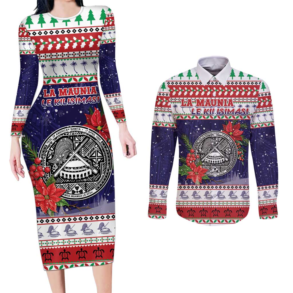 American Samoa Christmas Couples Matching Long Sleeve Bodycon Dress and Long Sleeve Button Shirt Poinsettia La Maunia Le Kilisimasi