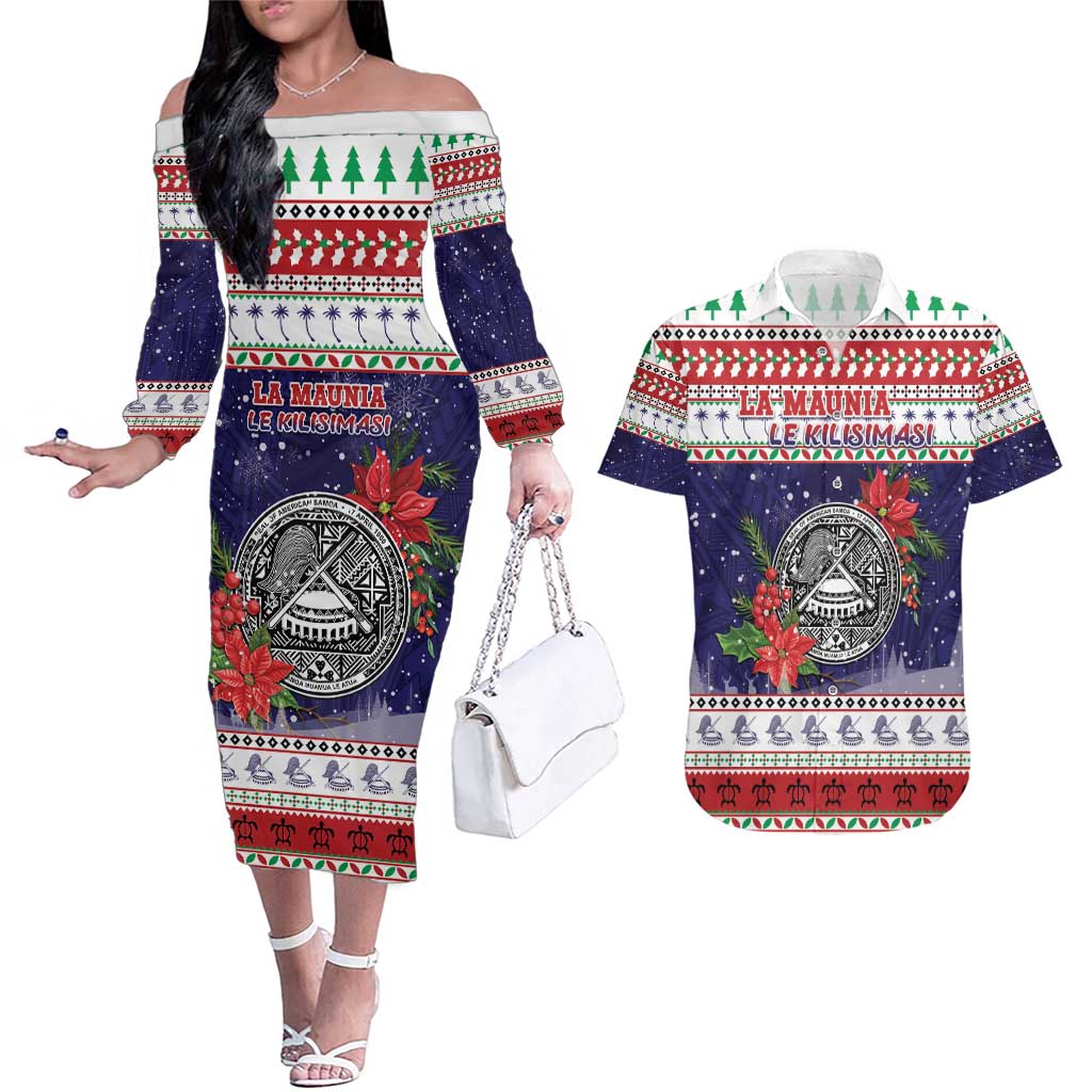 American Samoa Christmas Couples Matching Off The Shoulder Long Sleeve Dress and Hawaiian Shirt Poinsettia La Maunia Le Kilisimasi