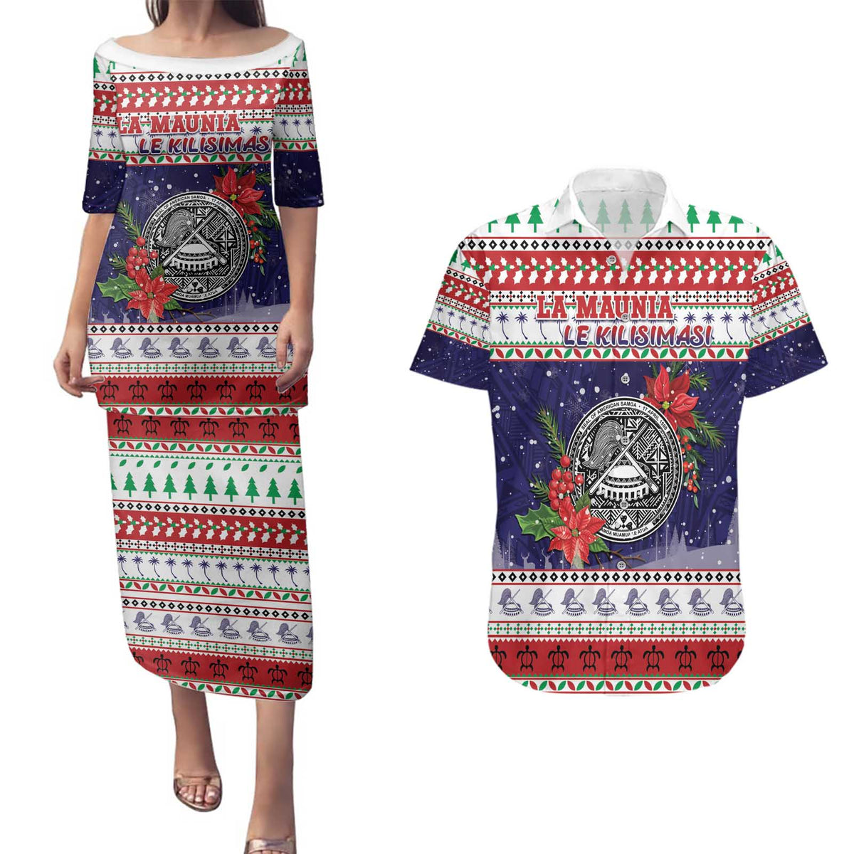 American Samoa Christmas Couples Matching Puletasi and Hawaiian Shirt Poinsettia La Maunia Le Kilisimasi