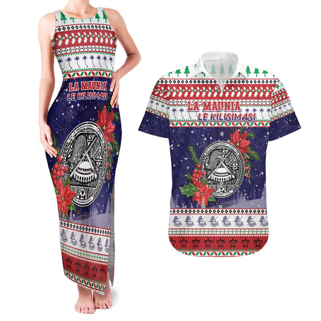 American Samoa Christmas Couples Matching Tank Maxi Dress and Hawaiian Shirt Poinsettia La Maunia Le Kilisimasi