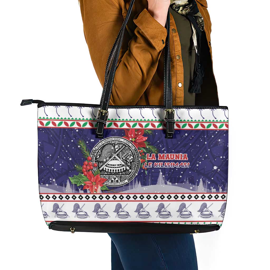 American Samoa Christmas Leather Tote Bag Poinsettia La Maunia Le Kilisimasi