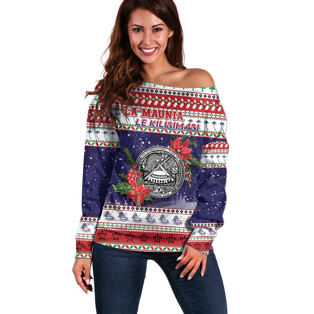 American Samoa Christmas Off Shoulder Sweater Poinsettia La Maunia Le Kilisimasi