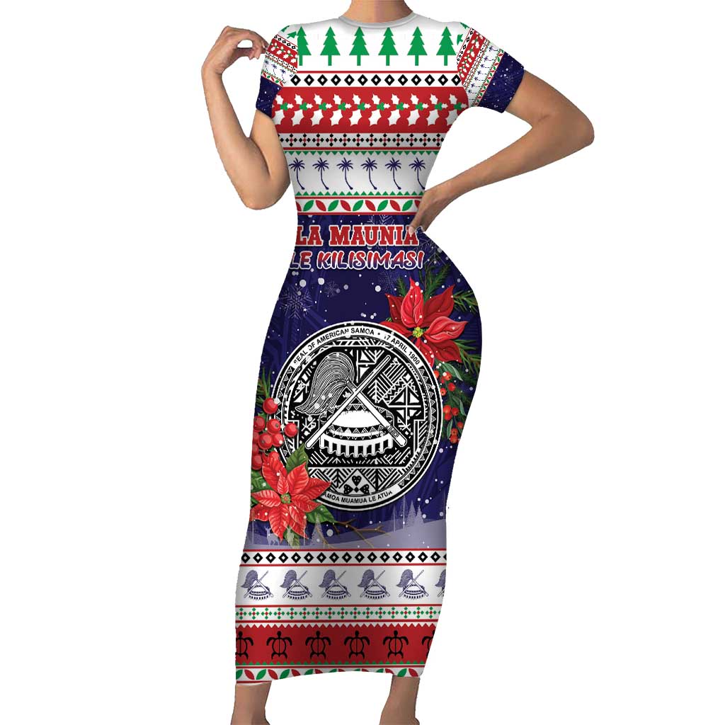 American Samoa Christmas Short Sleeve Bodycon Dress Poinsettia La Maunia Le Kilisimasi