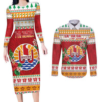 French Polynesia Christmas Couples Matching Long Sleeve Bodycon Dress and Long Sleeve Button Shirt Coat Of Arms Merry Xmas LT05 Red - Polynesian Pride