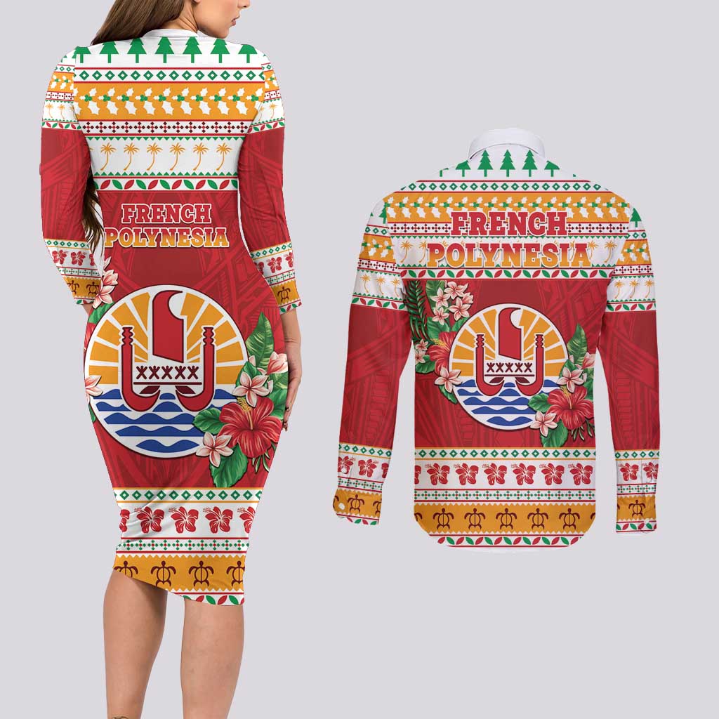 French Polynesia Christmas Couples Matching Long Sleeve Bodycon Dress and Long Sleeve Button Shirt Coat Of Arms Merry Xmas LT05 - Polynesian Pride