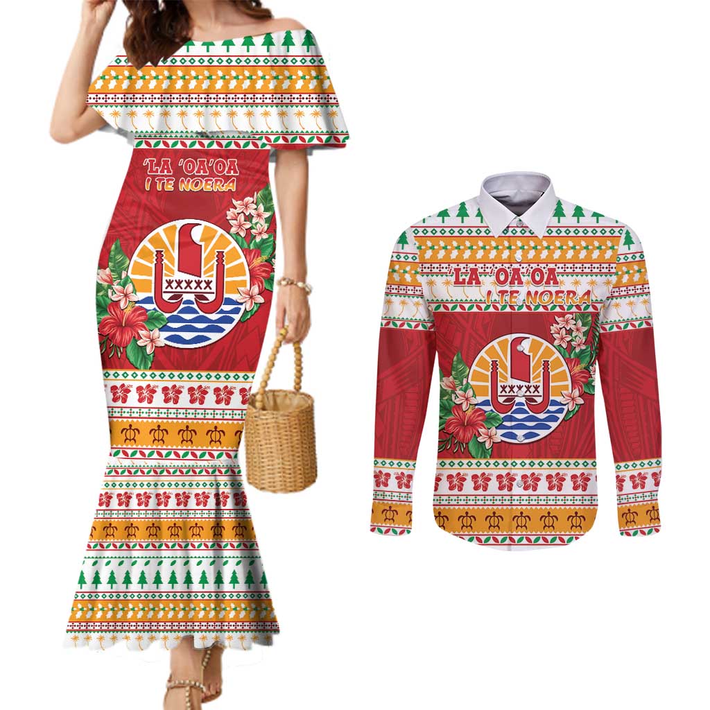 French Polynesia Christmas Couples Matching Mermaid Dress and Long Sleeve Button Shirt Coat Of Arms Merry Xmas LT05 Red - Polynesian Pride