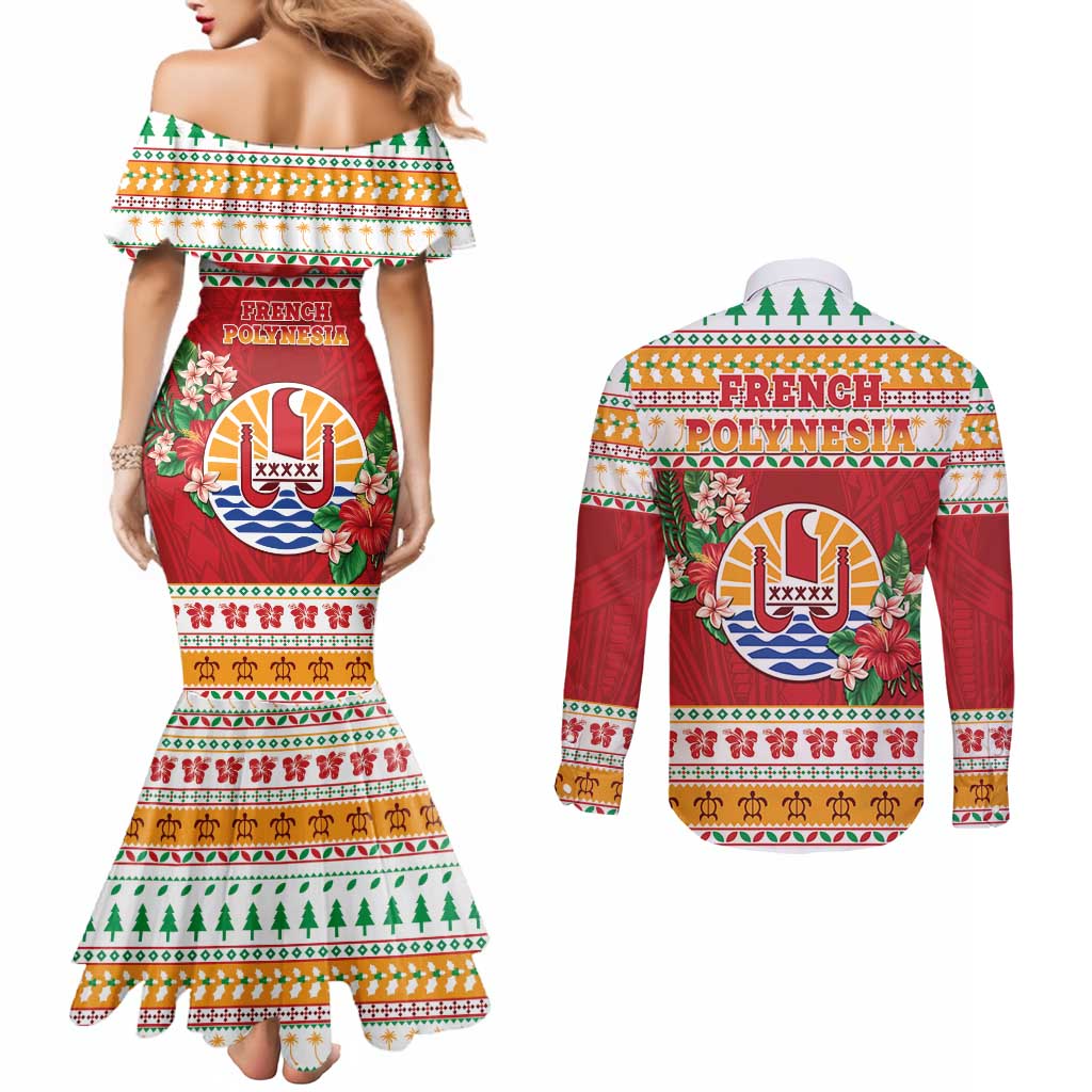 French Polynesia Christmas Couples Matching Mermaid Dress and Long Sleeve Button Shirt Coat Of Arms Merry Xmas LT05 - Polynesian Pride