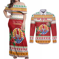 French Polynesia Christmas Couples Matching Off Shoulder Maxi Dress and Long Sleeve Button Shirt Coat Of Arms Merry Xmas LT05 Red - Polynesian Pride