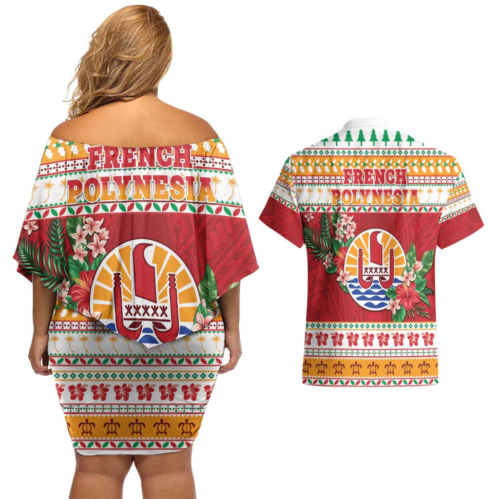 French Polynesia Christmas Couples Matching Off Shoulder Short Dress and Hawaiian Shirt Coat Of Arms Merry Xmas LT05 - Polynesian Pride