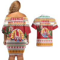 French Polynesia Christmas Couples Matching Off Shoulder Short Dress and Hawaiian Shirt Coat Of Arms Merry Xmas LT05 - Polynesian Pride