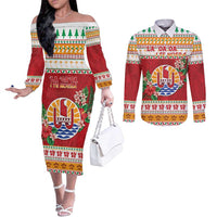 French Polynesia Christmas Couples Matching Off The Shoulder Long Sleeve Dress and Long Sleeve Button Shirt Coat Of Arms Merry Xmas LT05 Red - Polynesian Pride
