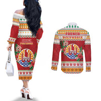 French Polynesia Christmas Couples Matching Off The Shoulder Long Sleeve Dress and Long Sleeve Button Shirt Coat Of Arms Merry Xmas LT05 - Polynesian Pride