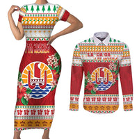 French Polynesia Christmas Couples Matching Short Sleeve Bodycon Dress and Long Sleeve Button Shirt Coat Of Arms Merry Xmas LT05 Red - Polynesian Pride