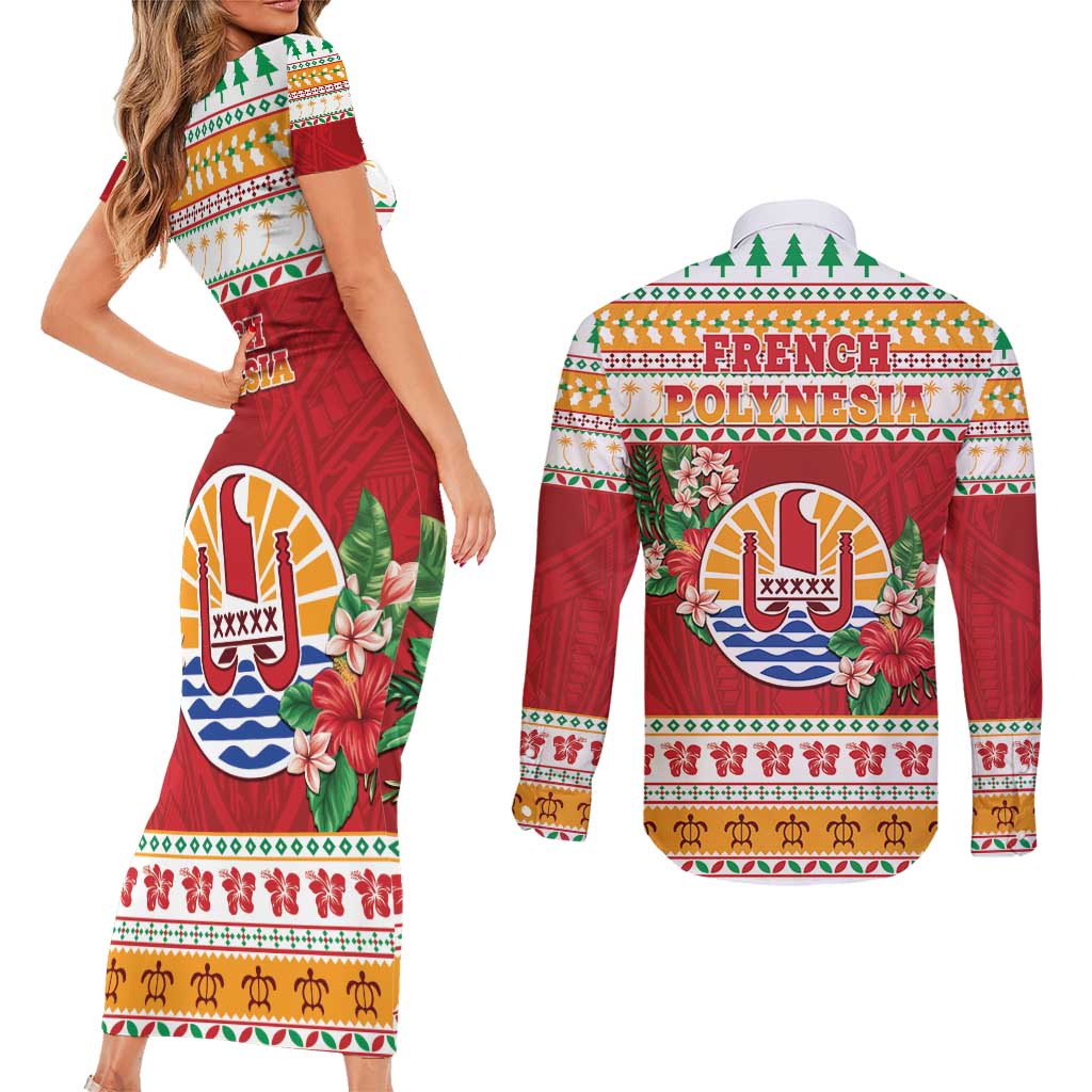 French Polynesia Christmas Couples Matching Short Sleeve Bodycon Dress and Long Sleeve Button Shirt Coat Of Arms Merry Xmas LT05 - Polynesian Pride