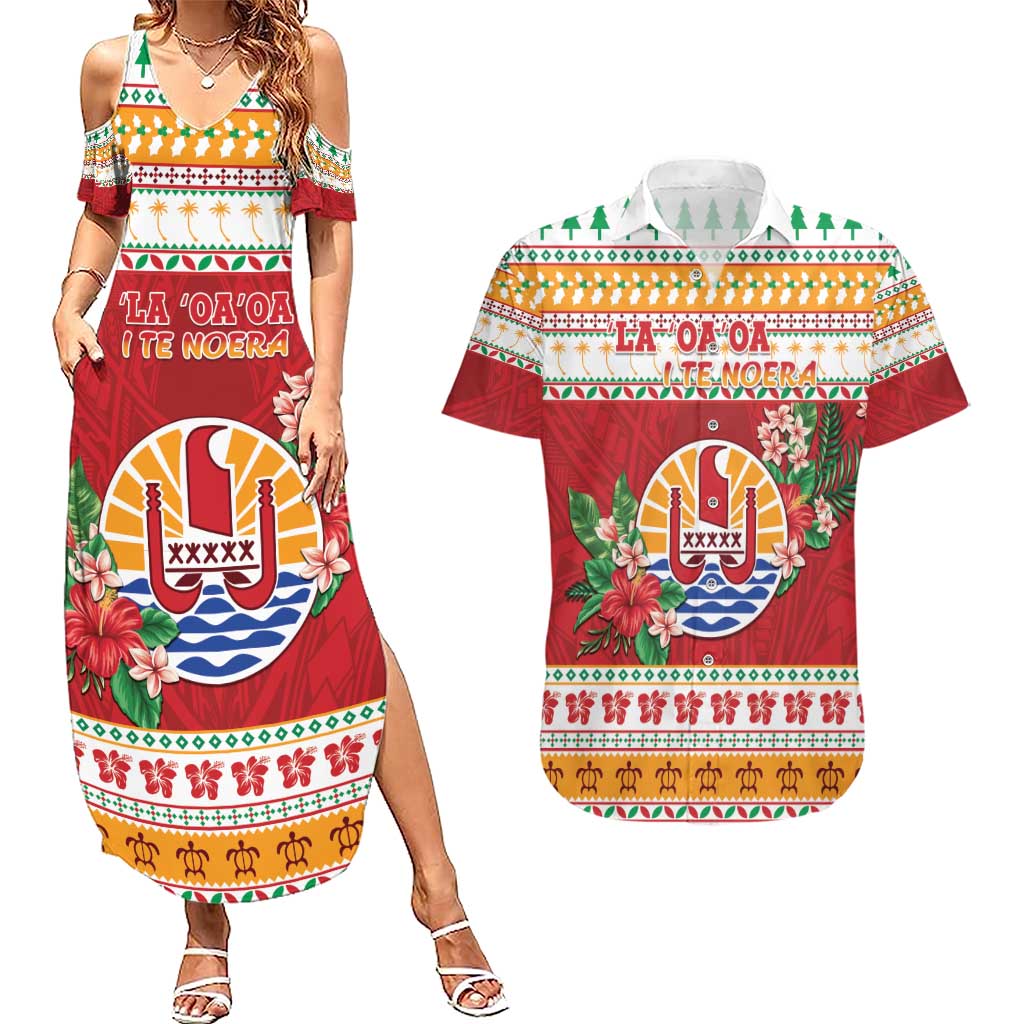 French Polynesia Christmas Couples Matching Summer Maxi Dress and Hawaiian Shirt Coat Of Arms Merry Xmas LT05 Red - Polynesian Pride