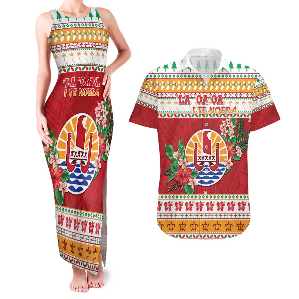 French Polynesia Christmas Couples Matching Tank Maxi Dress and Hawaiian Shirt Coat Of Arms Merry Xmas LT05 Red - Polynesian Pride