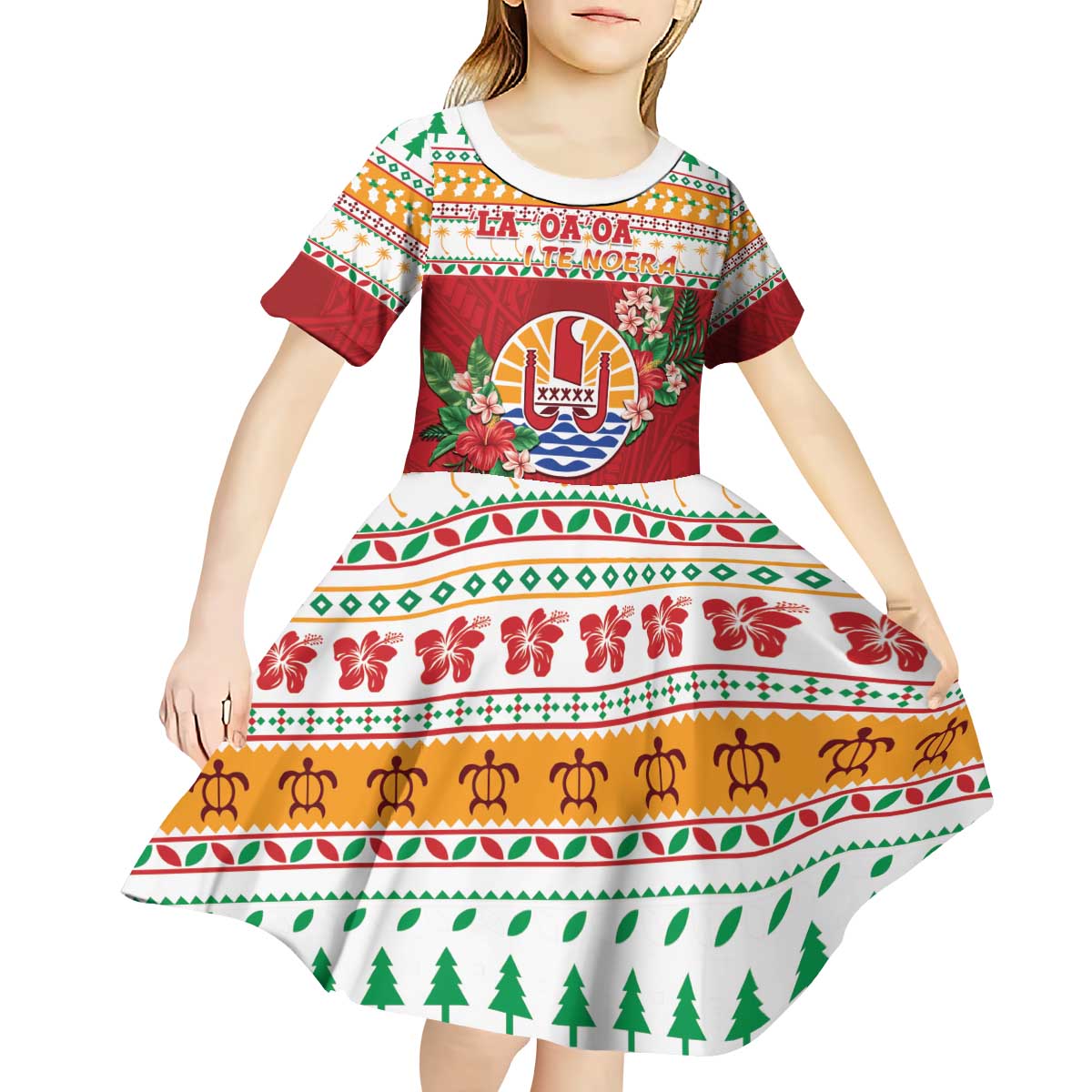 French Polynesia Christmas Kid Short Sleeve Dress Coat Of Arms Merry Xmas LT05 - Polynesian Pride