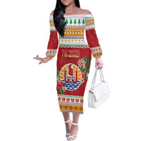 French Polynesia Christmas Off The Shoulder Long Sleeve Dress Coat Of Arms Merry Xmas LT05 Women Red - Polynesian Pride