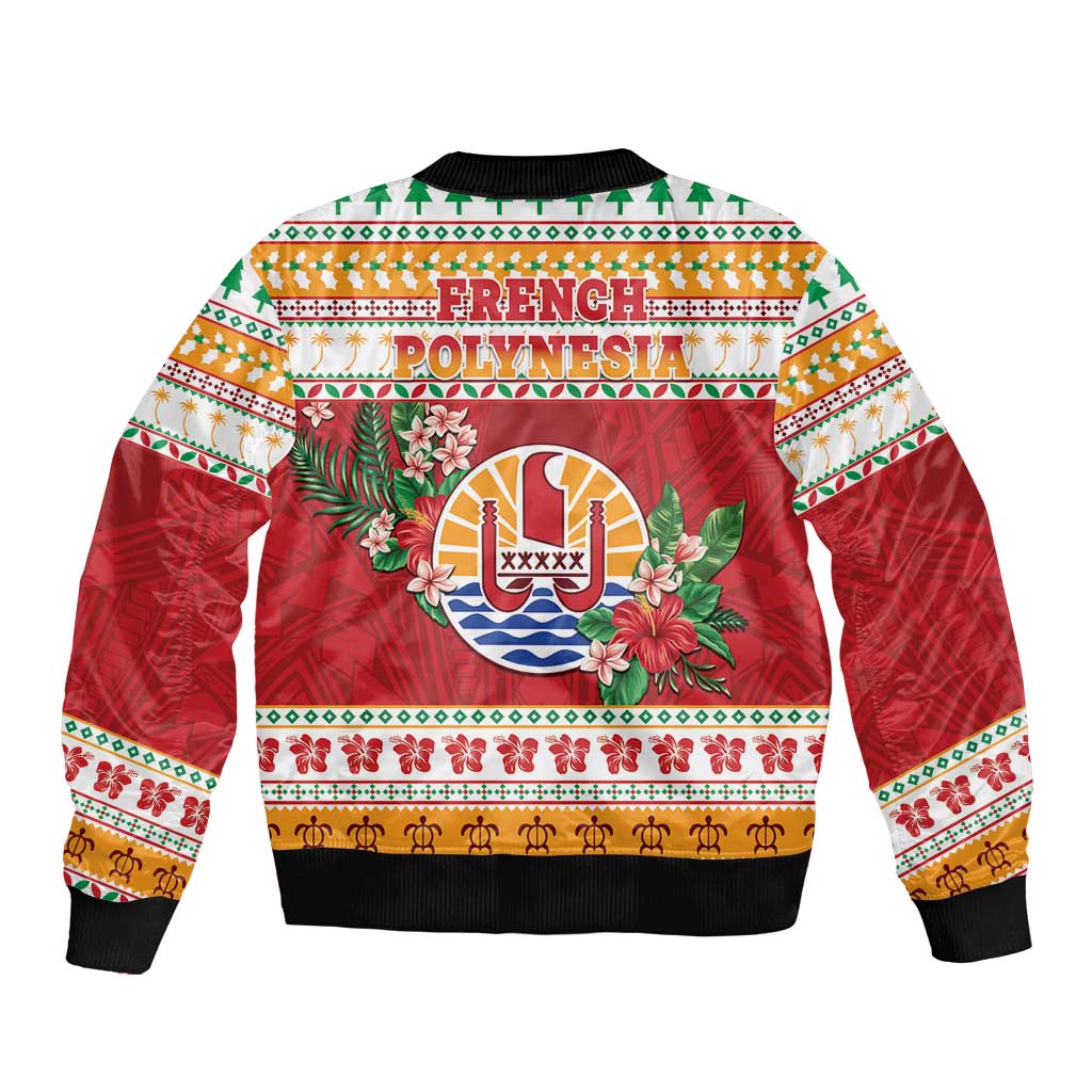 French Polynesia Christmas Sleeve Zip Bomber Jacket Coat Of Arms Merry Xmas