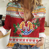 French Polynesia Christmas Women Casual Shirt Coat Of Arms Merry Xmas LT05 Female Red - Polynesian Pride