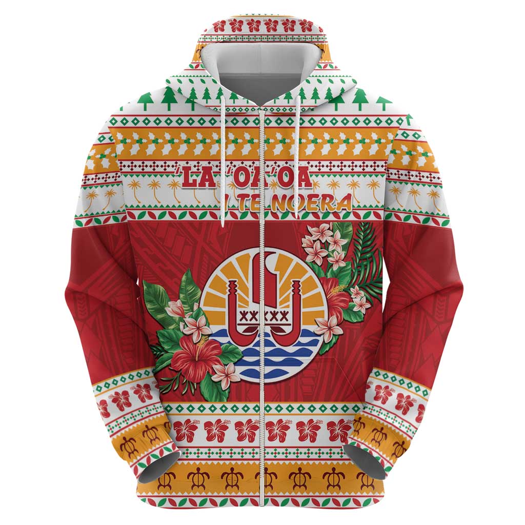 French Polynesia Christmas Zip Hoodie Coat Of Arms Merry Xmas