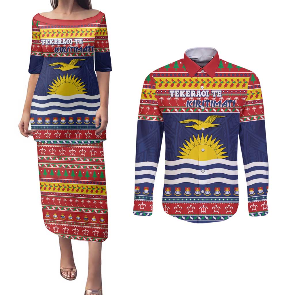 Kiribati Christmas Couples Matching Puletasi and Long Sleeve Button Shirt Coat Of Arms Tekeraoi Te Kiritimati LT05 Red - Polynesian Pride