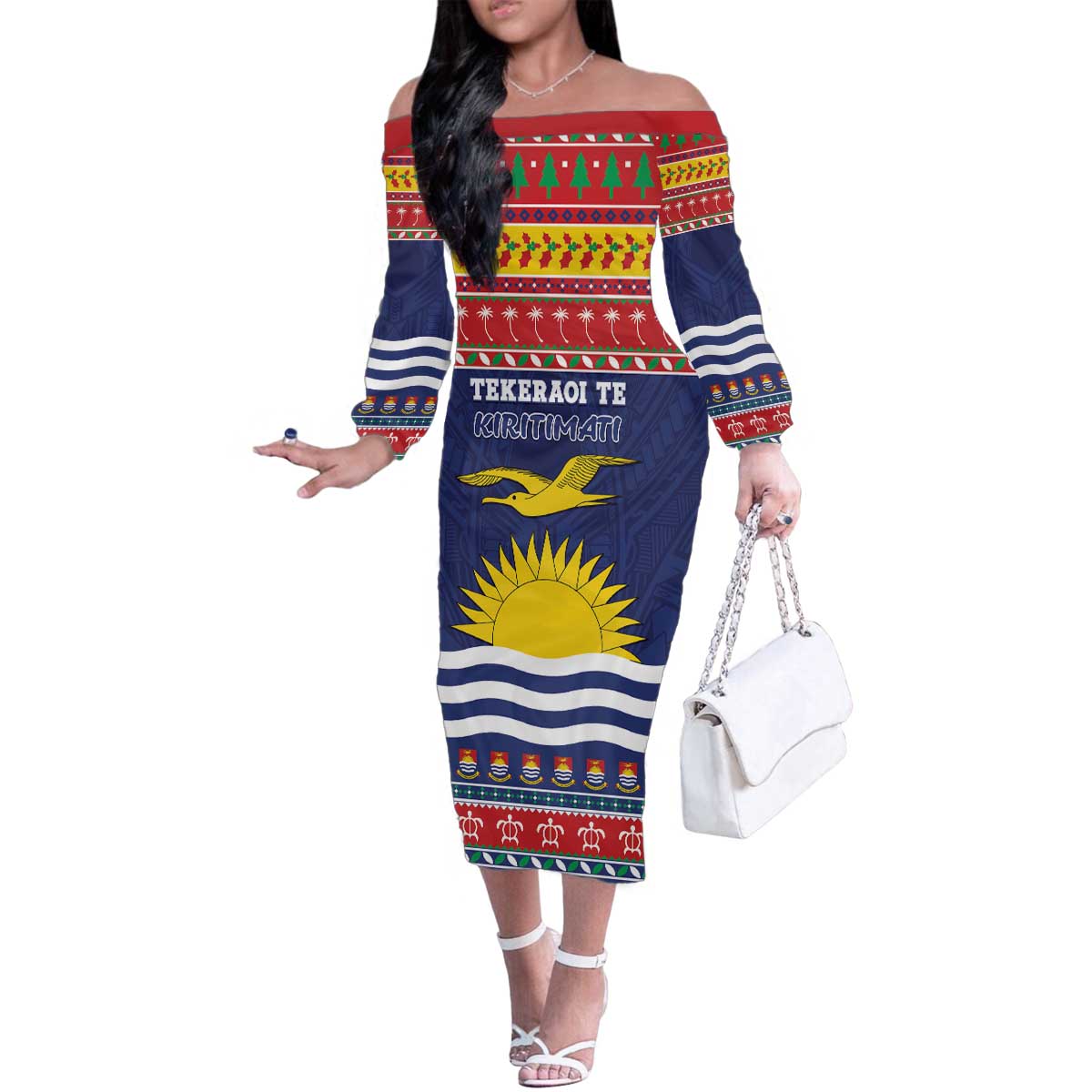 Kiribati Christmas Family Matching Off The Shoulder Long Sleeve Dress and Hawaiian Shirt Coat Of Arms Tekeraoi Te Kiritimati