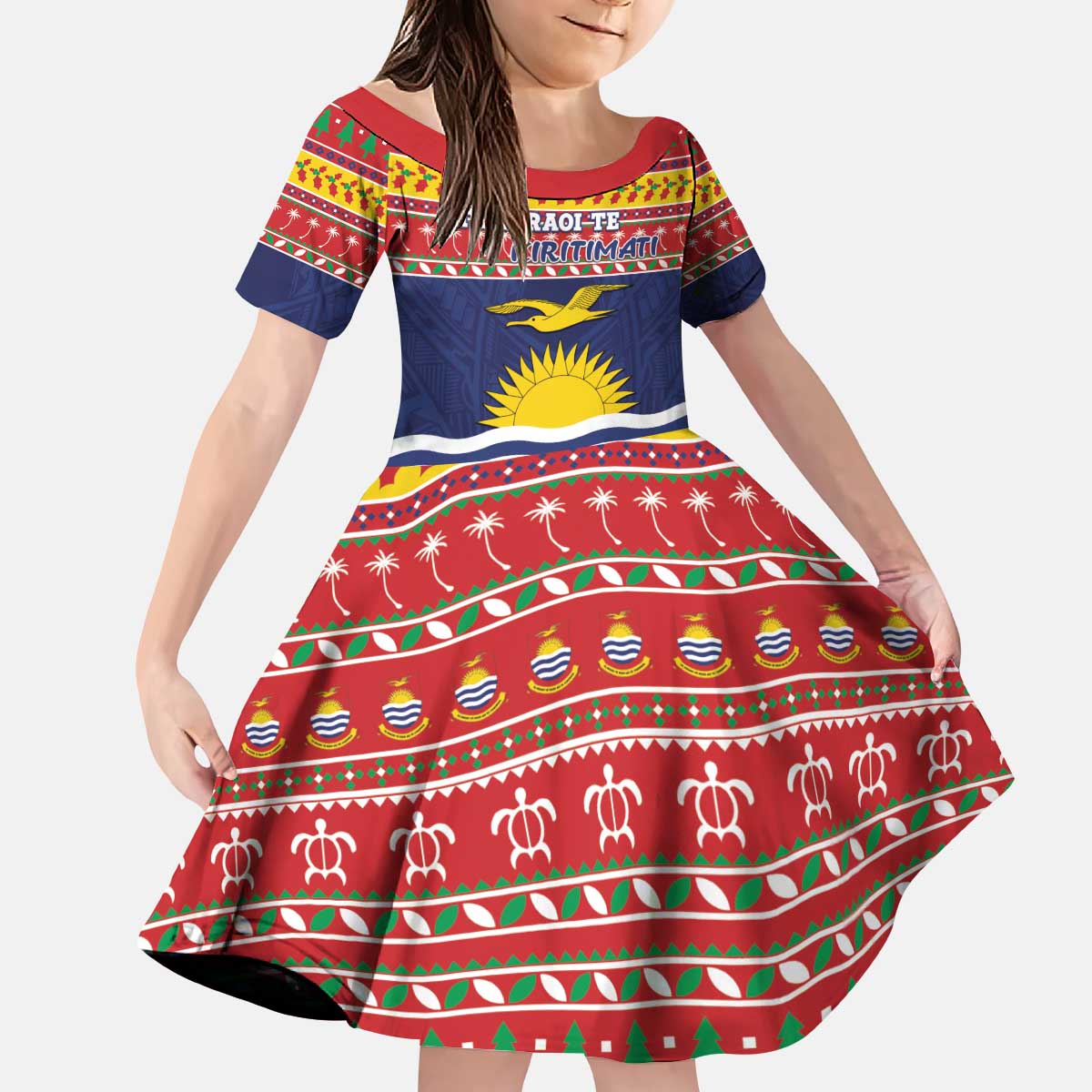 Kiribati Christmas Kid Short Sleeve Dress Coat Of Arms Tekeraoi Te Kiritimati LT05 KID Red - Polynesian Pride