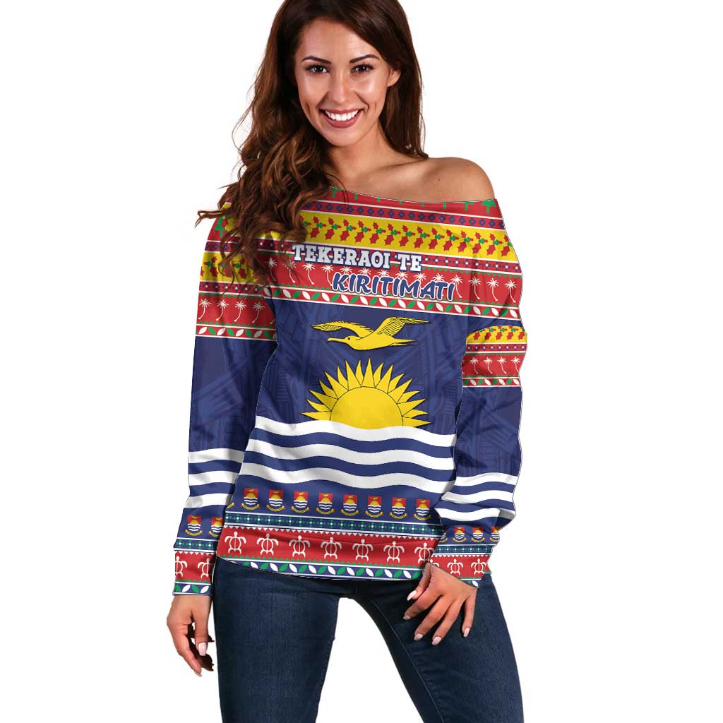 Kiribati Christmas Off Shoulder Sweater Coat Of Arms Tekeraoi Te Kiritimati LT05 Women Red - Polynesian Pride