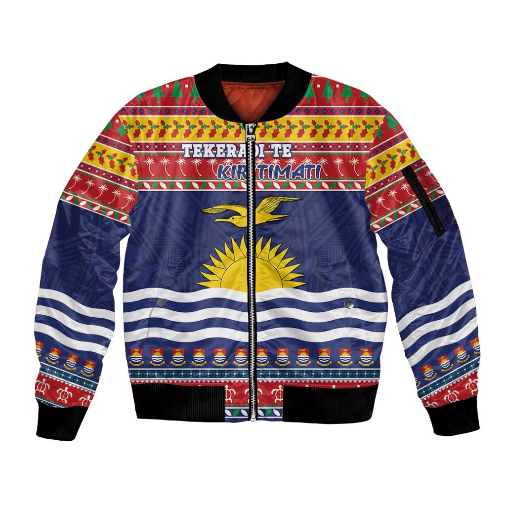 Kiribati Christmas Sleeve Zip Bomber Jacket Coat Of Arms Tekeraoi Te Kiritimati LT05 Unisex Red - Polynesian Pride