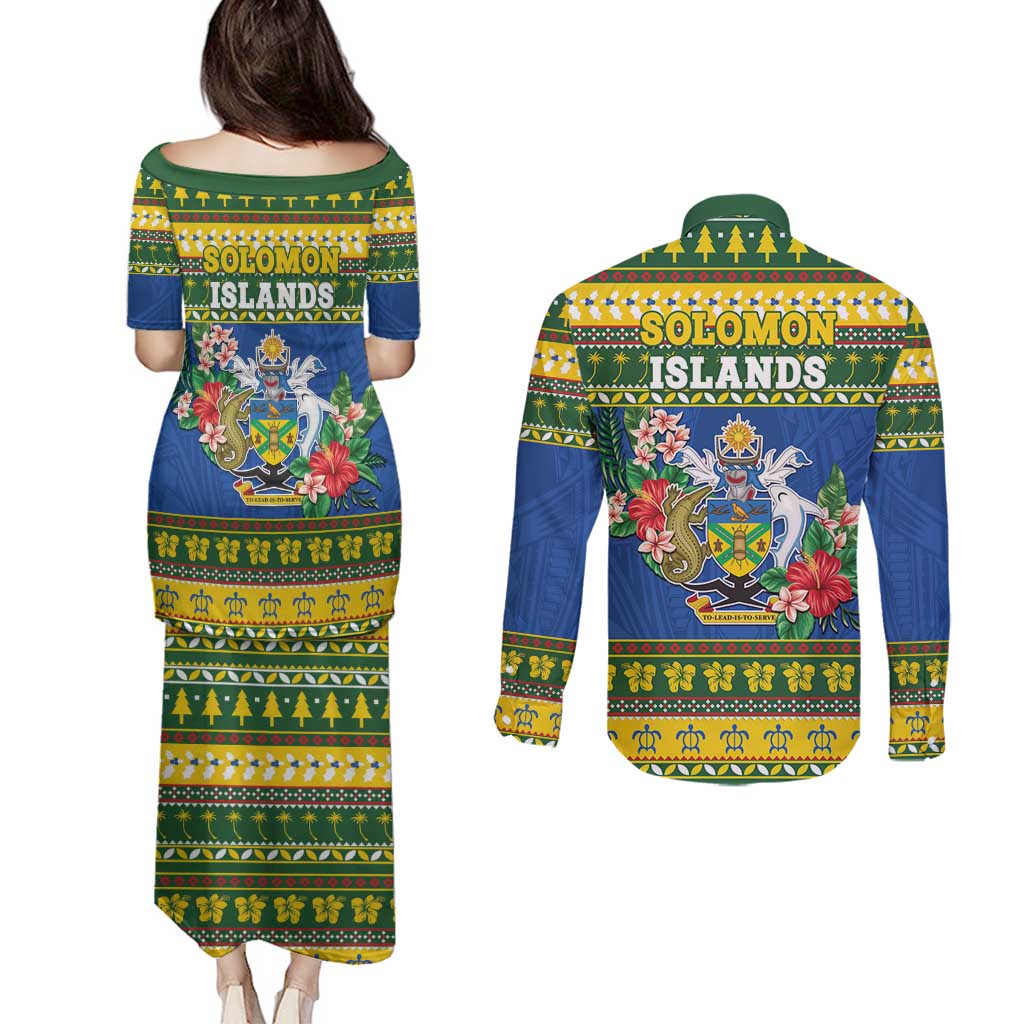 Solomon Islands Christmas Couples Matching Puletasi and Long Sleeve Button Shirt Coat Of Arms Merry Xmas