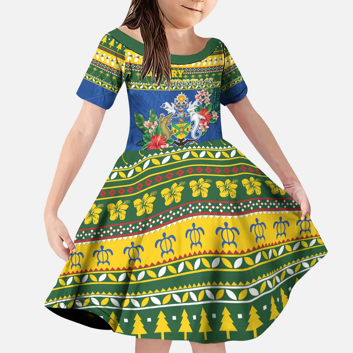 Solomon Islands Christmas Kid Short Sleeve Dress Coat Of Arms Merry Xmas LT05 KID Green - Polynesian Pride