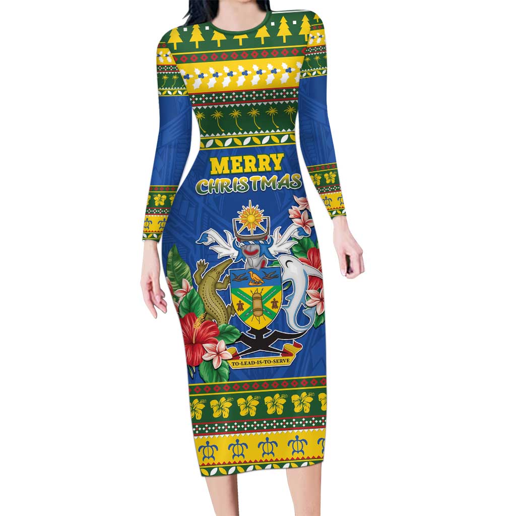 Solomon Islands Christmas Long Sleeve Bodycon Dress Coat Of Arms Merry Xmas LT05 Long Dress Green - Polynesian Pride