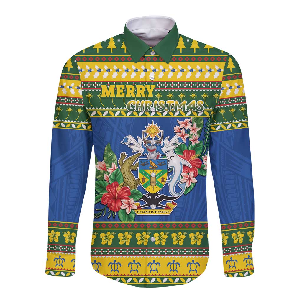 Solomon Islands Christmas Long Sleeve Button Shirt Coat Of Arms Merry Xmas LT05 Unisex Green - Polynesian Pride