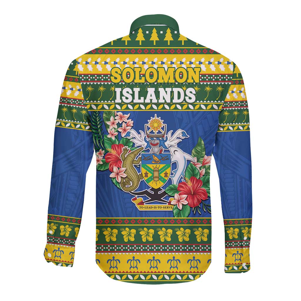 Solomon Islands Christmas Long Sleeve Button Shirt Coat Of Arms Merry Xmas LT05 - Polynesian Pride