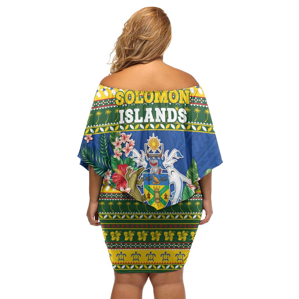 Solomon Islands Christmas Off Shoulder Short Dress Coat Of Arms Merry Xmas LT05 - Polynesian Pride