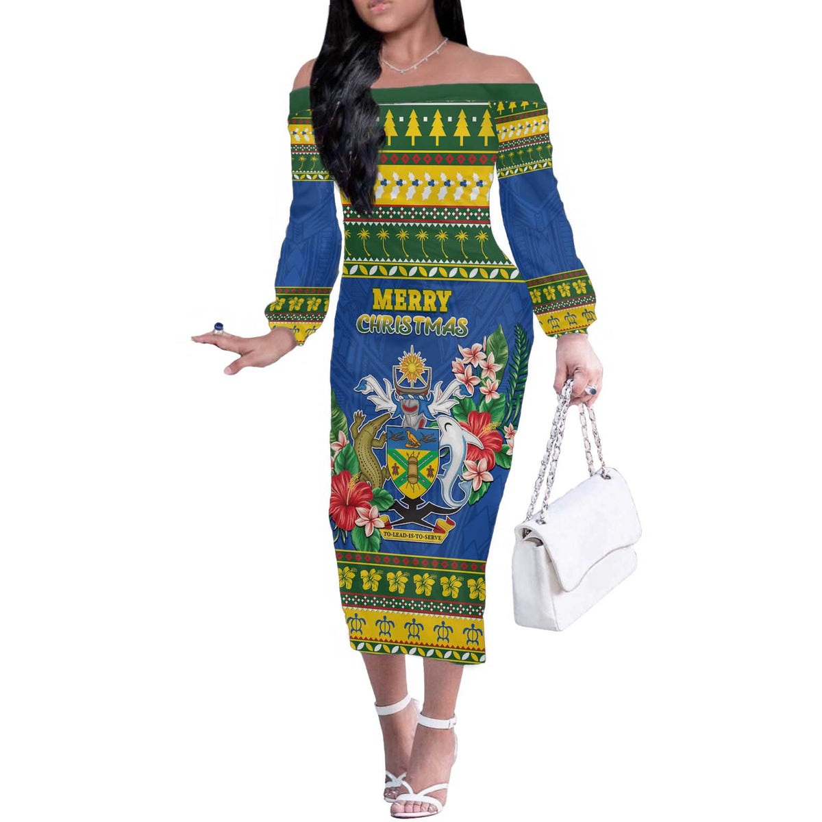 Solomon Islands Christmas Off The Shoulder Long Sleeve Dress Coat Of Arms Merry Xmas LT05 Women Green - Polynesian Pride