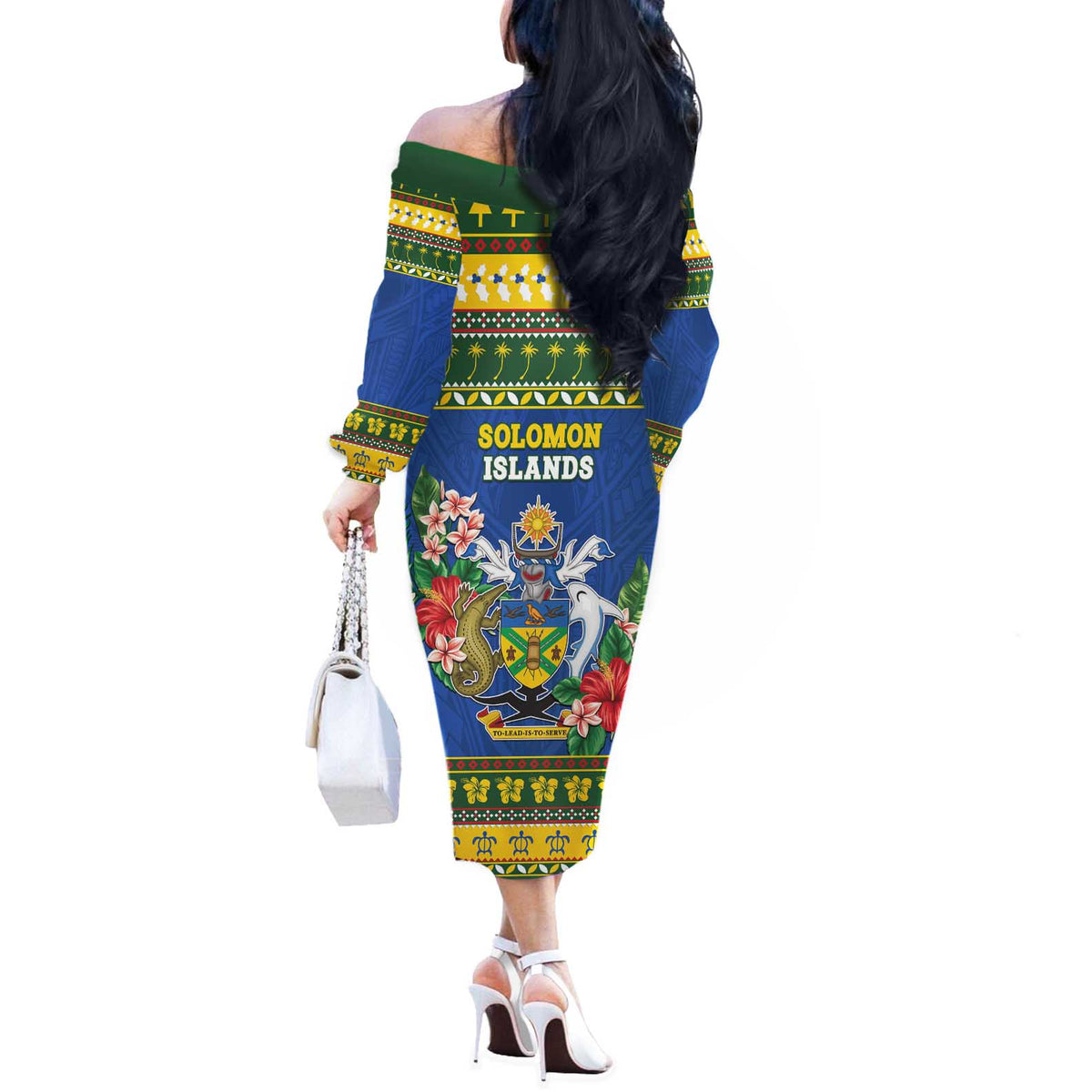 Solomon Islands Christmas Off The Shoulder Long Sleeve Dress Coat Of Arms Merry Xmas LT05 - Polynesian Pride