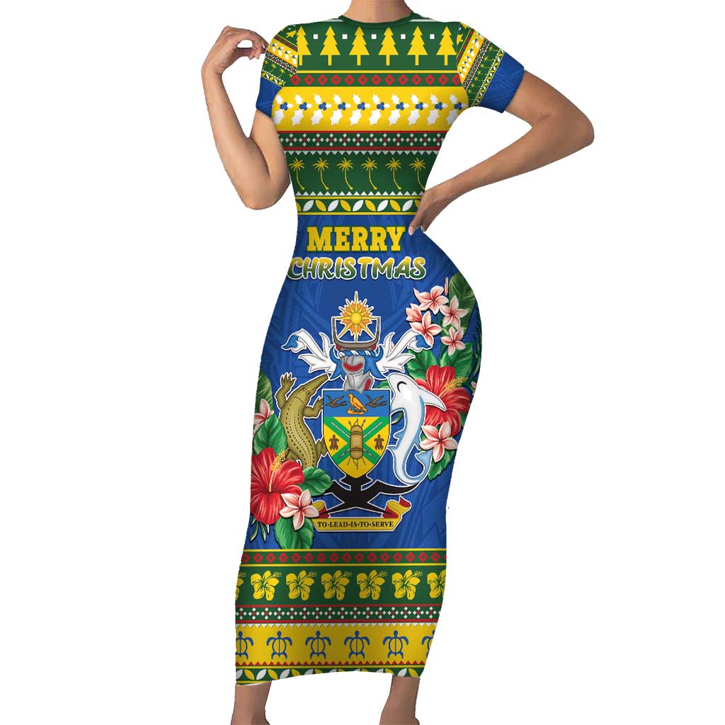 Solomon Islands Christmas Short Sleeve Bodycon Dress Coat Of Arms Merry Xmas LT05 Long Dress Green - Polynesian Pride
