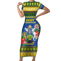 Solomon Islands Christmas Short Sleeve Bodycon Dress Coat Of Arms Merry Xmas LT05 Long Dress Green - Polynesian Pride