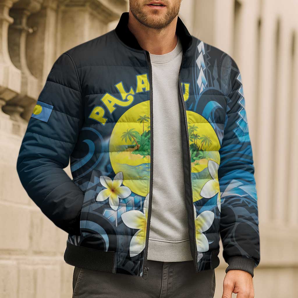 Palau United Nations Day Bomber Puffer Jacket Polynesian Curves Plumeria - Polynesian Pride
