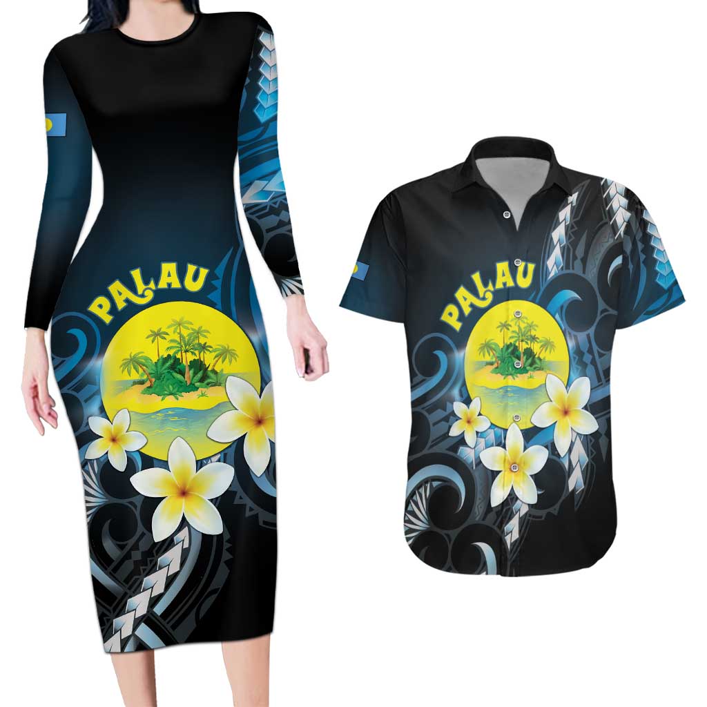 Palau United Nations Day Couples Matching Long Sleeve Bodycon Dress and Hawaiian Shirt Polynesian Curves Plumeria - Polynesian Pride