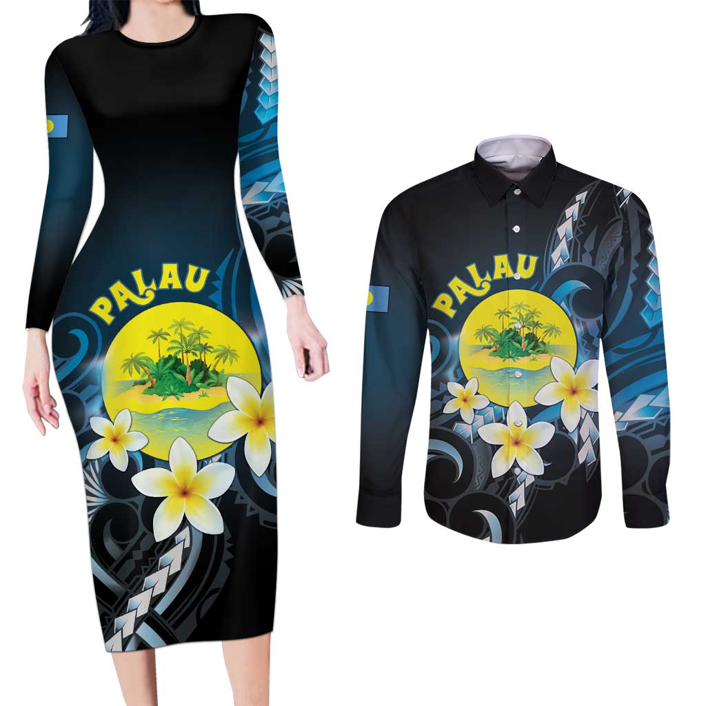 Palau United Nations Day Couples Matching Long Sleeve Bodycon Dress and Long Sleeve Button Shirt Polynesian Curves Plumeria - Polynesian Pride