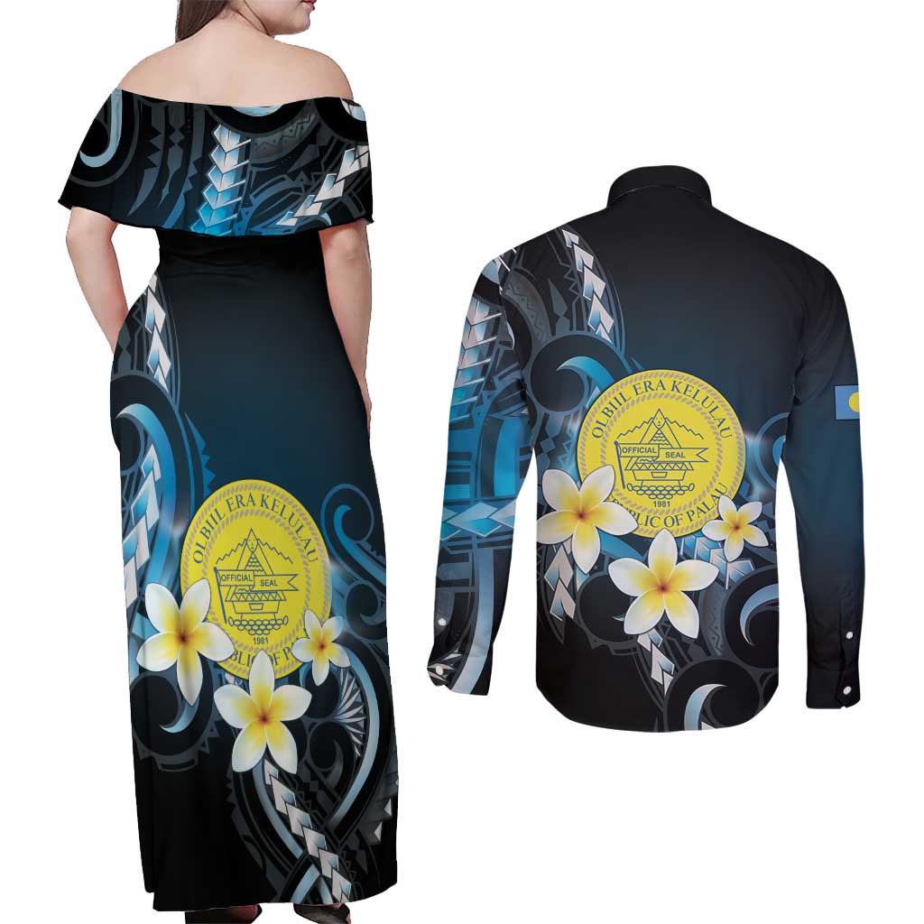 Palau United Nations Day Couples Matching Off Shoulder Maxi Dress and Long Sleeve Button Shirt Polynesian Curves Plumeria - Polynesian Pride