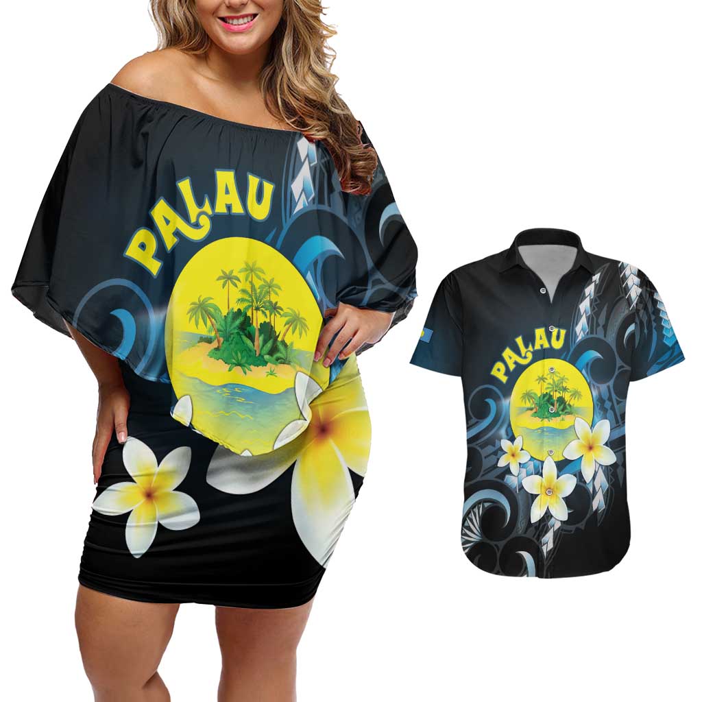 Palau United Nations Day Couples Matching Off Shoulder Short Dress and Hawaiian Shirt Polynesian Curves Plumeria - Polynesian Pride