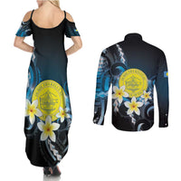 Palau United Nations Day Couples Matching Summer Maxi Dress and Long Sleeve Button Shirt Polynesian Curves Plumeria - Polynesian Pride