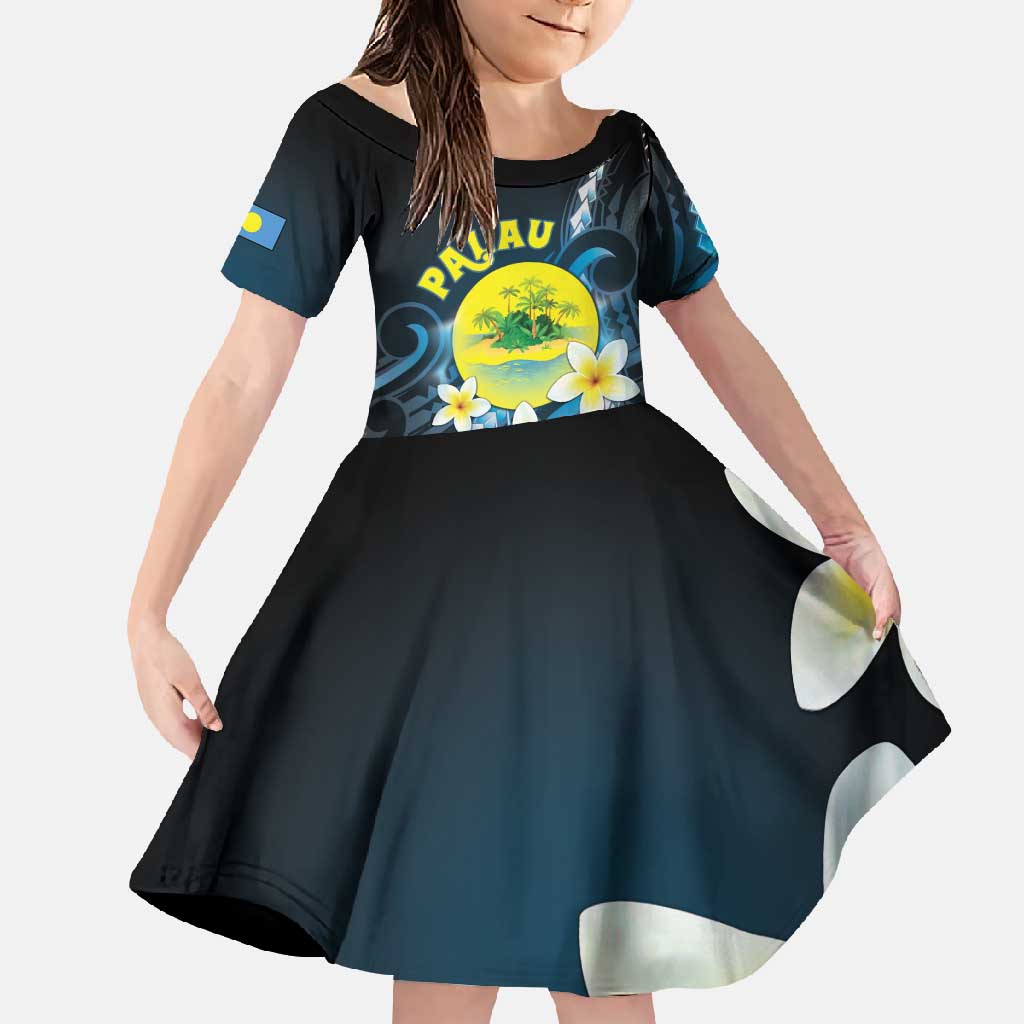 Palau United Nations Day Family Matching Long Sleeve Bodycon Dress and Hawaiian Shirt Polynesian Curves Plumeria LT05 Daughter's Dress Black - Polynesian Pride