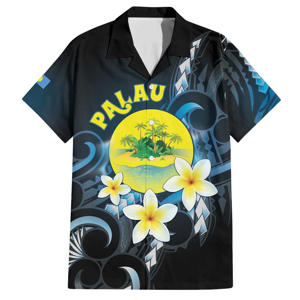 Palau United Nations Day Family Matching Long Sleeve Bodycon Dress and Hawaiian Shirt Polynesian Curves Plumeria LT05 Dad's Shirt - Short Sleeve Black - Polynesian Pride